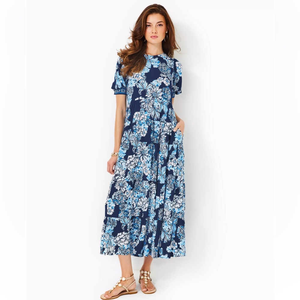 Lilly Pulitzer Sz 10, Blue Floral Amelia Midi Dress With Pockets.